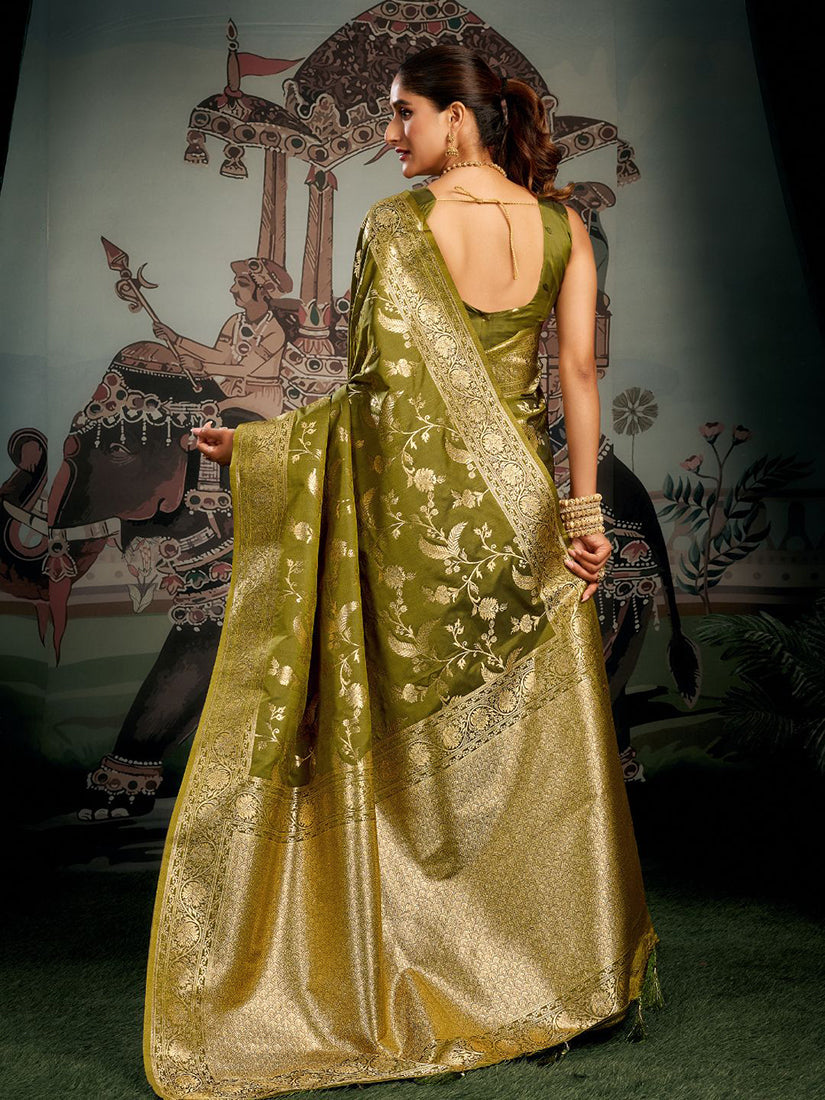 Monjolika Fashion Olive Green Woven Soft Kanjivaram Style Silk Blend Saree for Wedding