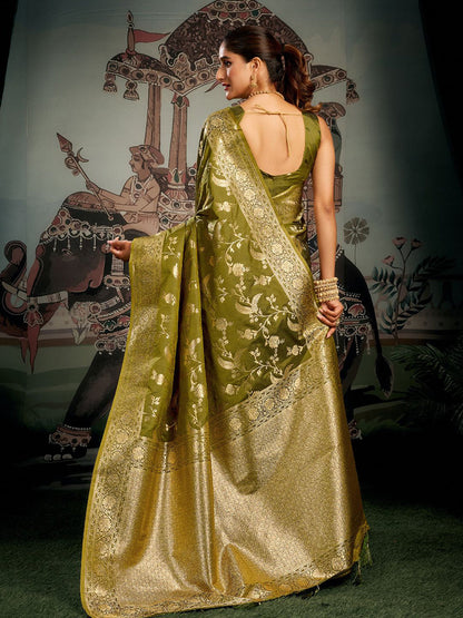 Monjolika Fashion Olive Green Woven Soft Kanjivaram Style Silk Blend Saree for Wedding
