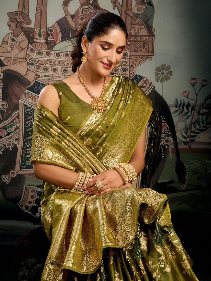 Monjolika Fashion Olive Green Woven Soft Kanjivaram Style Silk Blend Saree for Wedding
