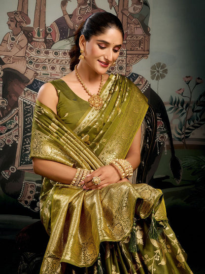 Monjolika Fashion Olive Green Woven Soft Kanjivaram Style Silk Blend Saree for Wedding