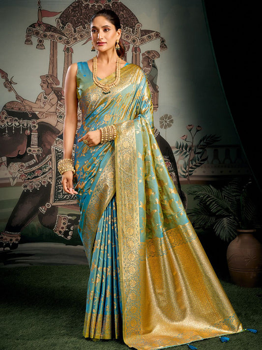 Monjolika Fashion Turquoise Woven Soft Kanjivaram Style Silk Blend Saree for Wedding
