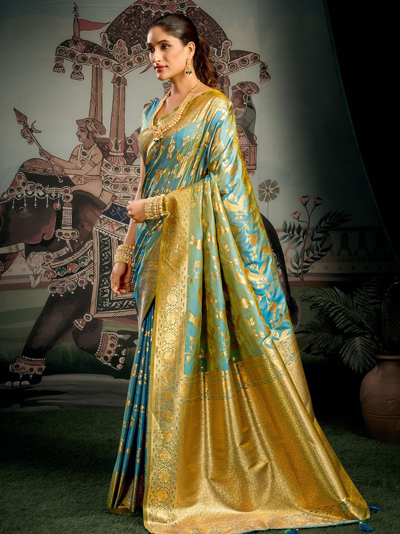 Monjolika Fashion Turquoise Woven Soft Kanjivaram Style Silk Blend Saree for Wedding