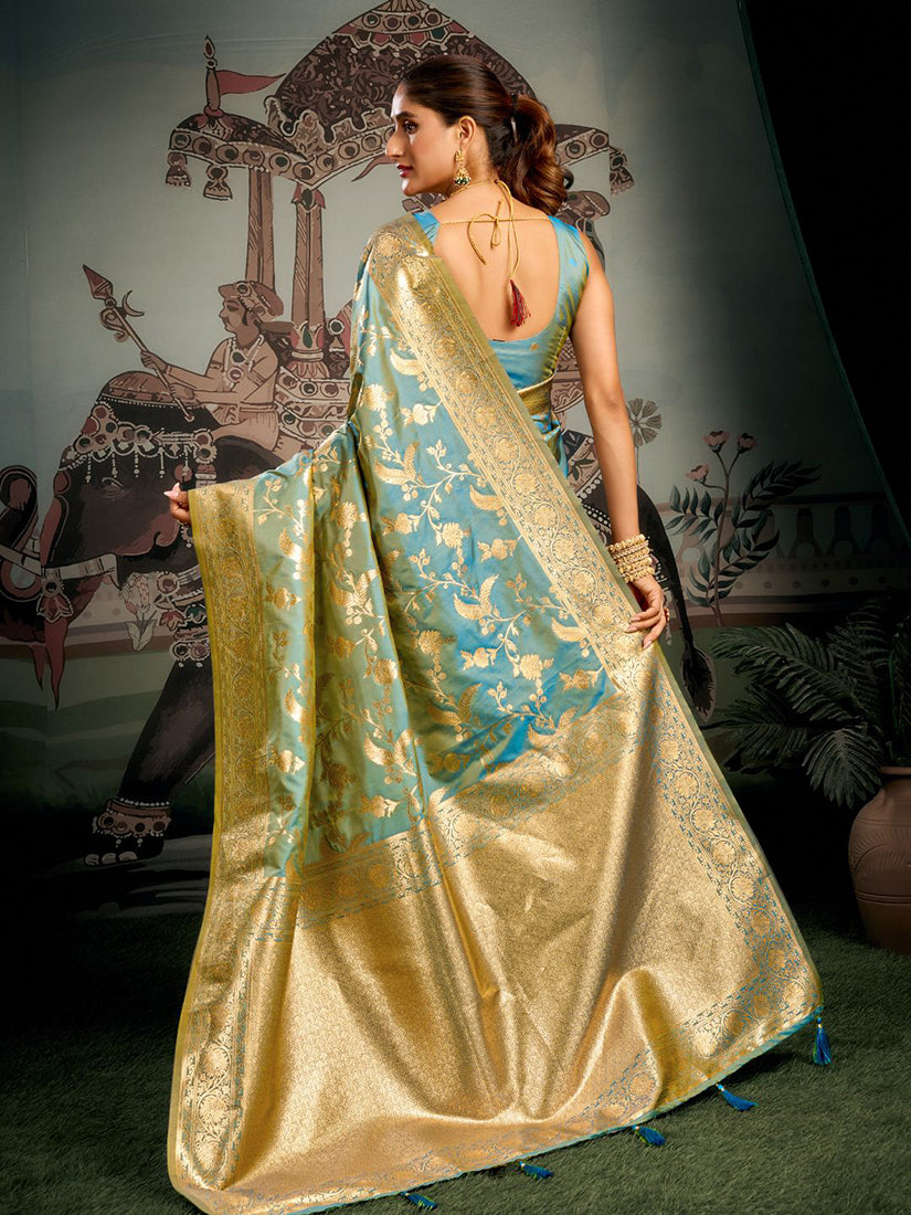 Monjolika Fashion Turquoise Woven Soft Kanjivaram Style Silk Blend Saree for Wedding