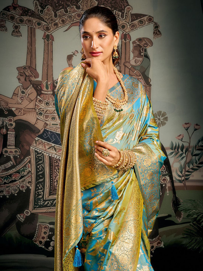 Monjolika Fashion Turquoise Woven Soft Kanjivaram Style Silk Blend Saree for Wedding