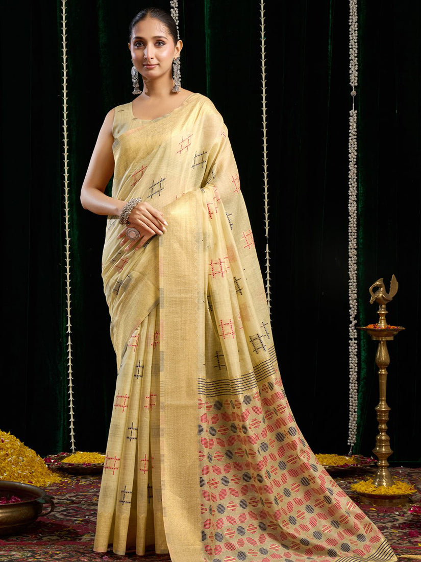 Monjolika Fashion Cream Handloom Cotton Blend Geometric Threadwork Saree with Blouse Piece