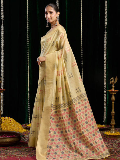 Monjolika Fashion Cream Handloom Cotton Blend Geometric Threadwork Saree with Blouse Piece