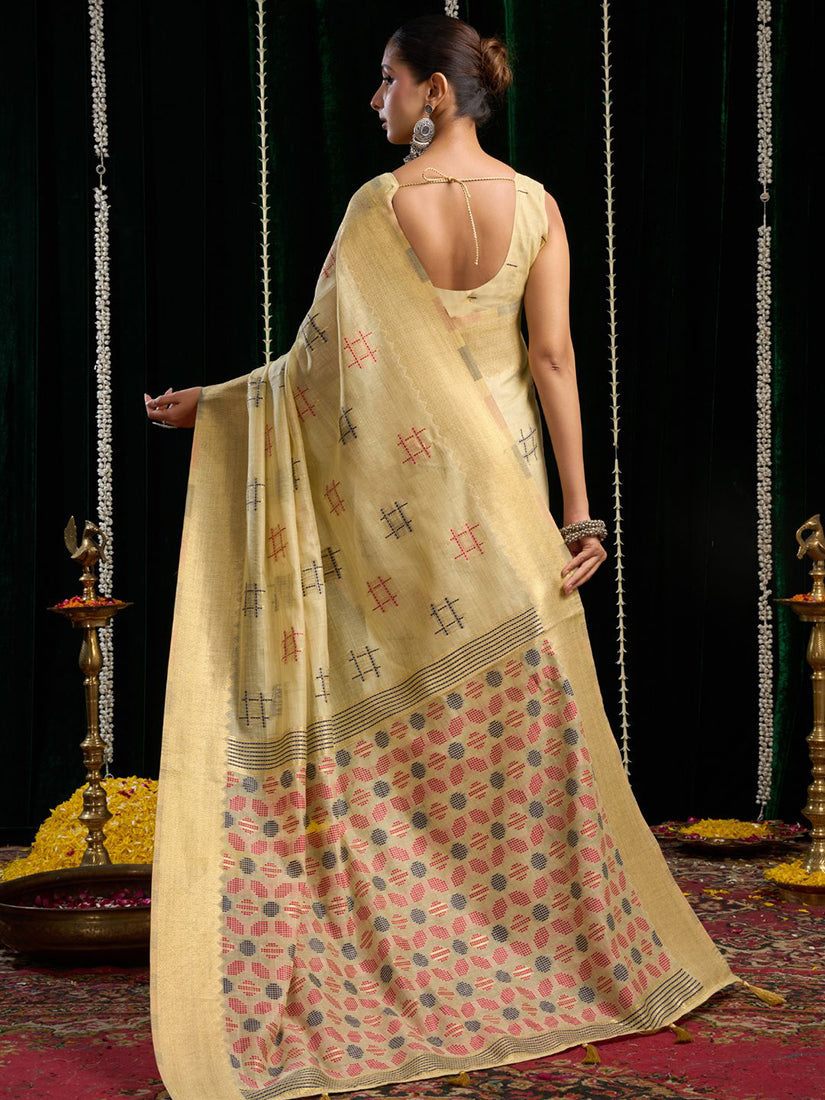 Monjolika Fashion Cream Handloom Cotton Blend Geometric Threadwork Saree with Blouse Piece