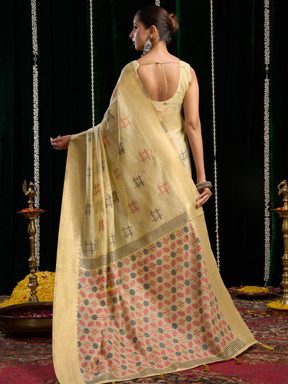 Monjolika Fashion Cream Handloom Cotton Blend Geometric Threadwork Saree with Blouse Piece