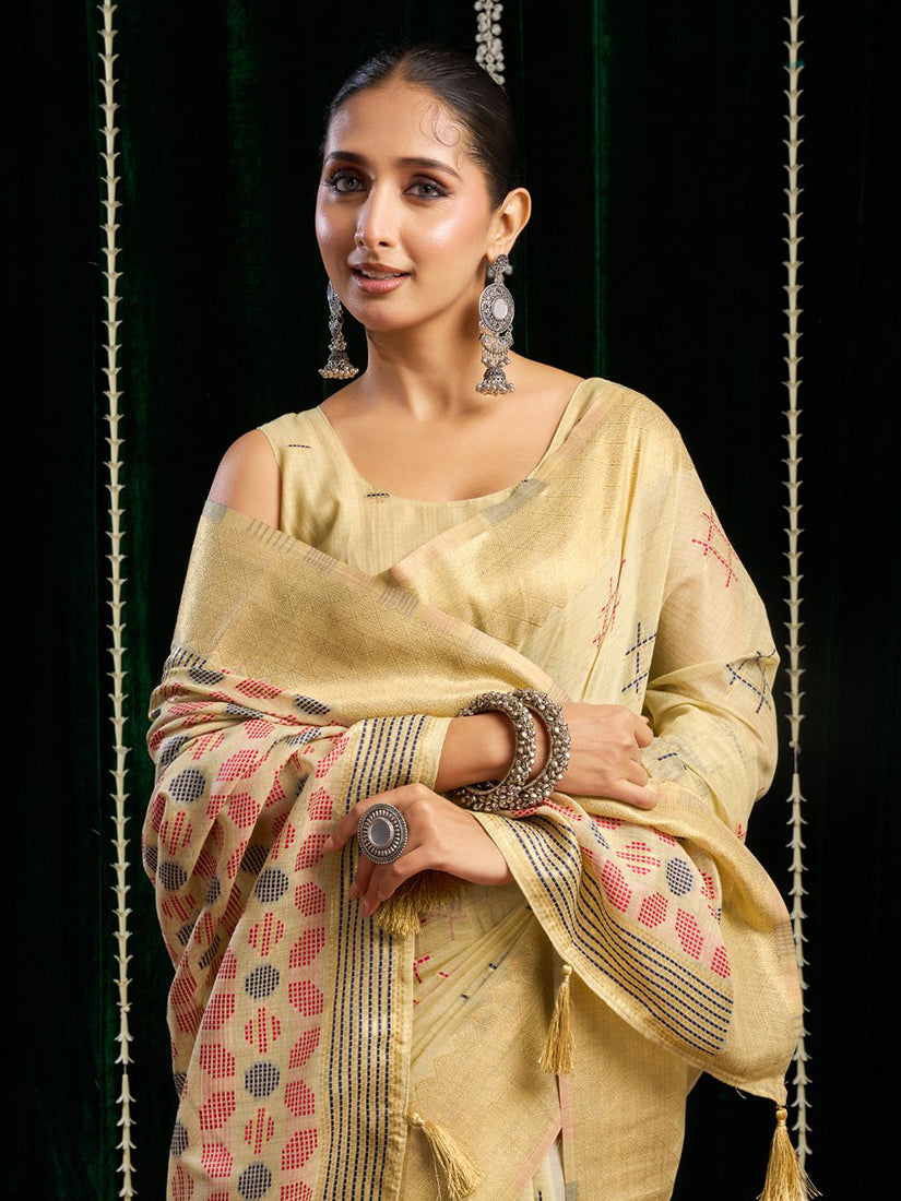 Monjolika Fashion Cream Handloom Cotton Blend Geometric Threadwork Saree with Blouse Piece