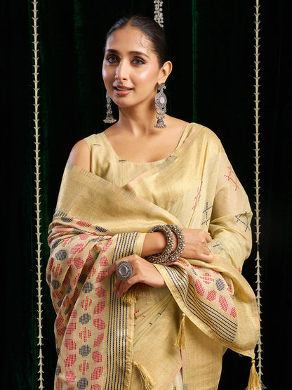 Monjolika Fashion Cream Handloom Cotton Blend Geometric Threadwork Saree with Blouse Piece