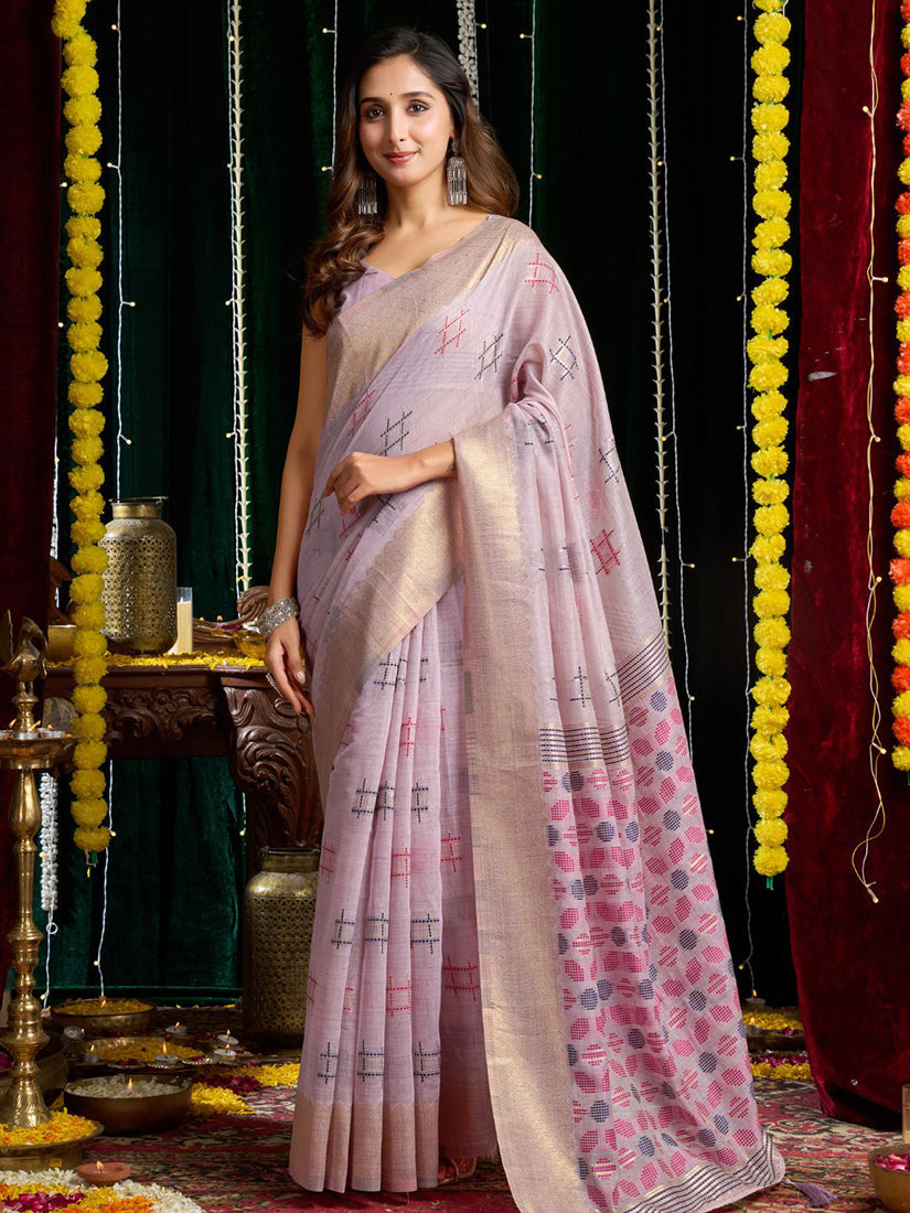 Monjolika Fashion Lavender Handloom Cotton Blend Geometric Threadwork Saree with Blouse Piece