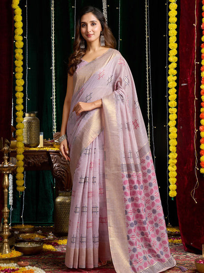 Monjolika Fashion Lavender Handloom Cotton Blend Geometric Threadwork Saree with Blouse Piece