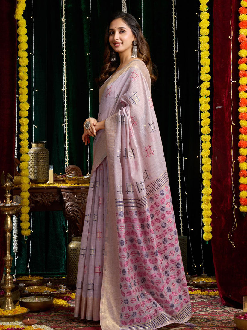 Monjolika Fashion Lavender Handloom Cotton Blend Geometric Threadwork Saree with Blouse Piece