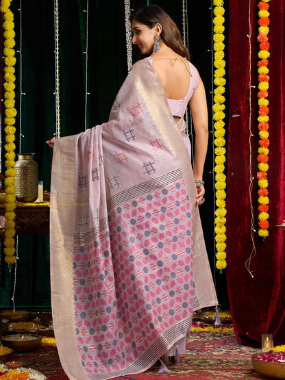 Monjolika Fashion Lavender Handloom Cotton Blend Geometric Threadwork Saree with Blouse Piece