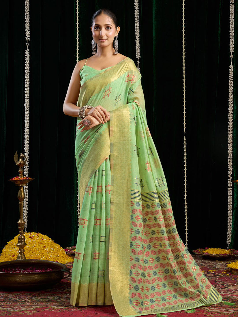 Monjolika Fashion Light Green Handloom Cotton Blend Geometric Threadwork Saree with Blouse Piece