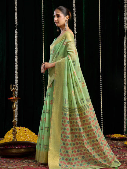 Monjolika Fashion Light Green Handloom Cotton Blend Geometric Threadwork Saree with Blouse Piece