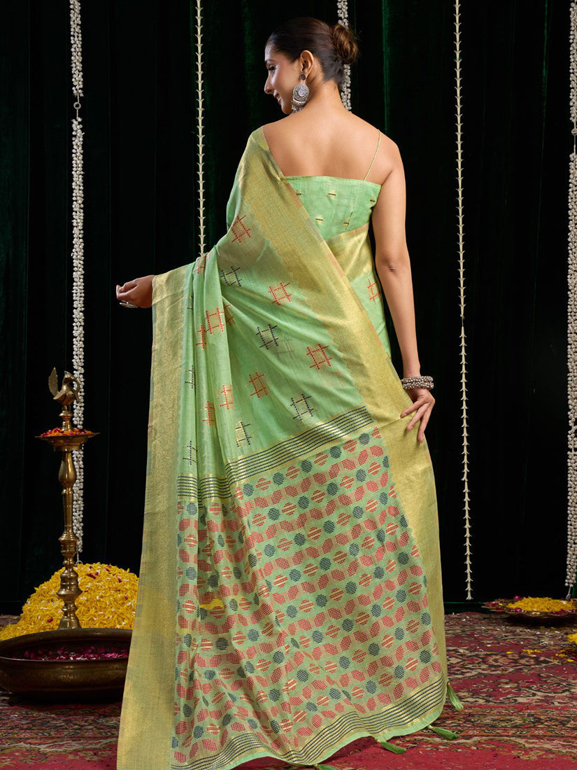 Monjolika Fashion Light Green Handloom Cotton Blend Geometric Threadwork Saree with Blouse Piece