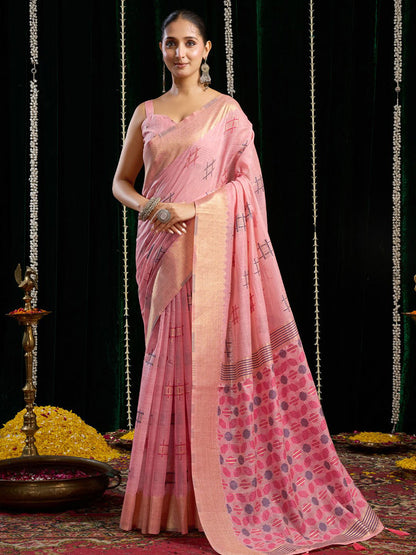 Monjolika Fashion Pink Handloom Cotton Blend Geometric Threadwork Saree with Blouse Piece