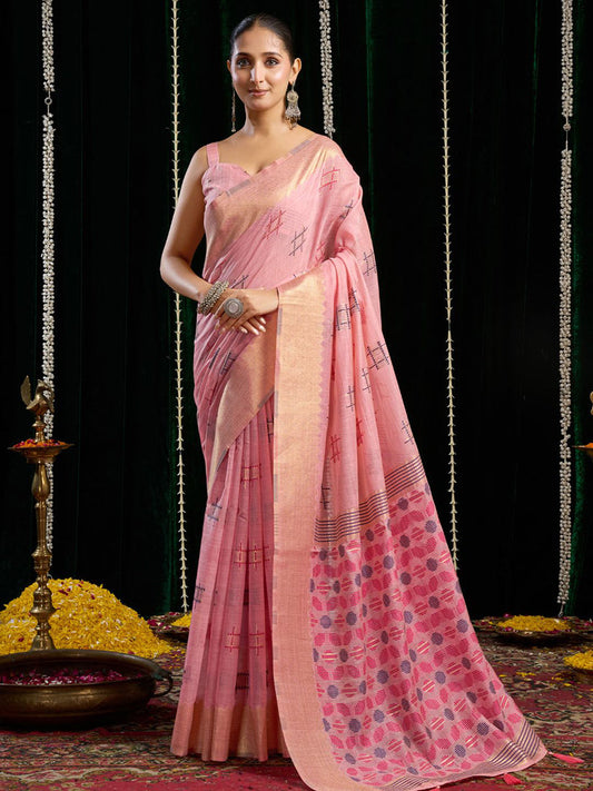 Monjolika Fashion Pink Handloom Cotton Blend Geometric Threadwork Saree with Blouse Piece