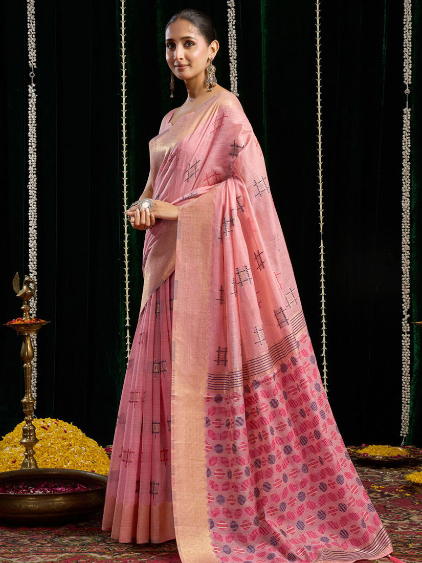 Monjolika Fashion Pink Handloom Cotton Blend Geometric Threadwork Saree with Blouse Piece