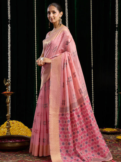 Monjolika Fashion Pink Handloom Cotton Blend Geometric Threadwork Saree with Blouse Piece