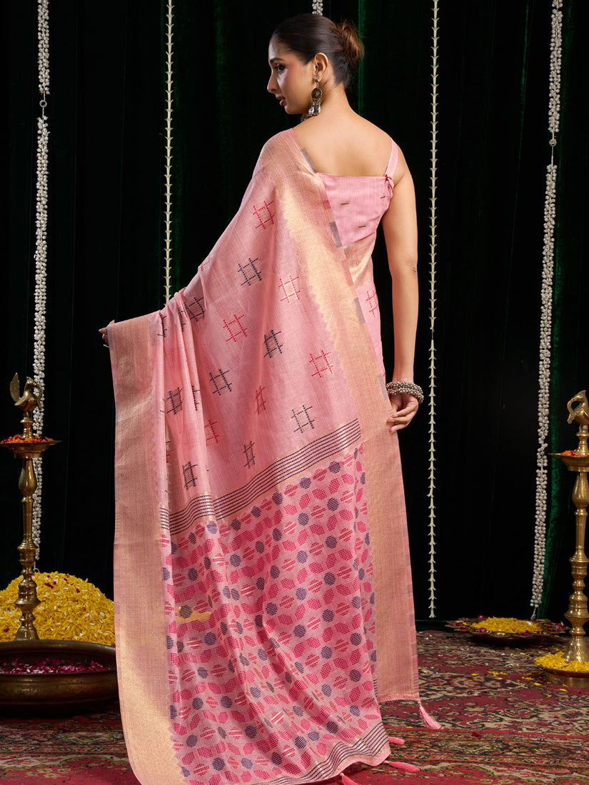 Monjolika Fashion Pink Handloom Cotton Blend Geometric Threadwork Saree with Blouse Piece