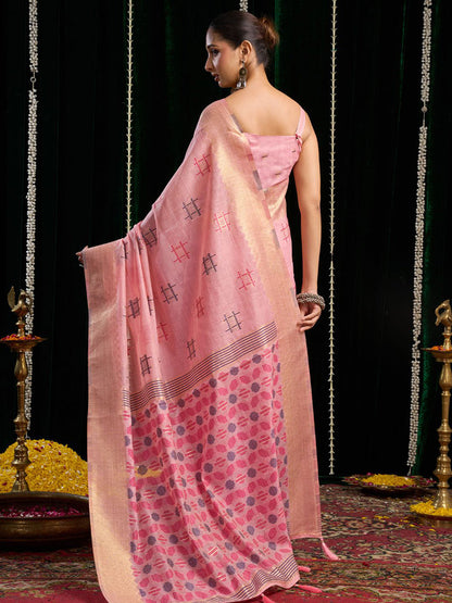Monjolika Fashion Pink Handloom Cotton Blend Geometric Threadwork Saree with Blouse Piece