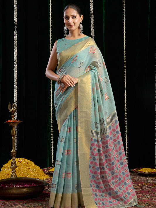Monjolika Fashion Sky Blue Handloom Cotton Blend Geometric Threadwork Saree with Blouse Piece