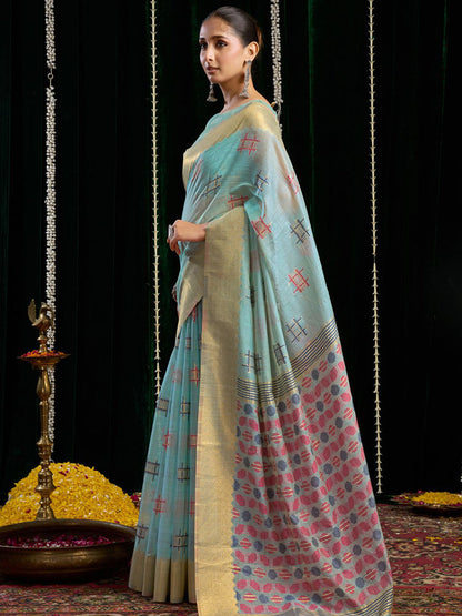 Monjolika Fashion Sky Blue Handloom Cotton Blend Geometric Threadwork Saree with Blouse Piece