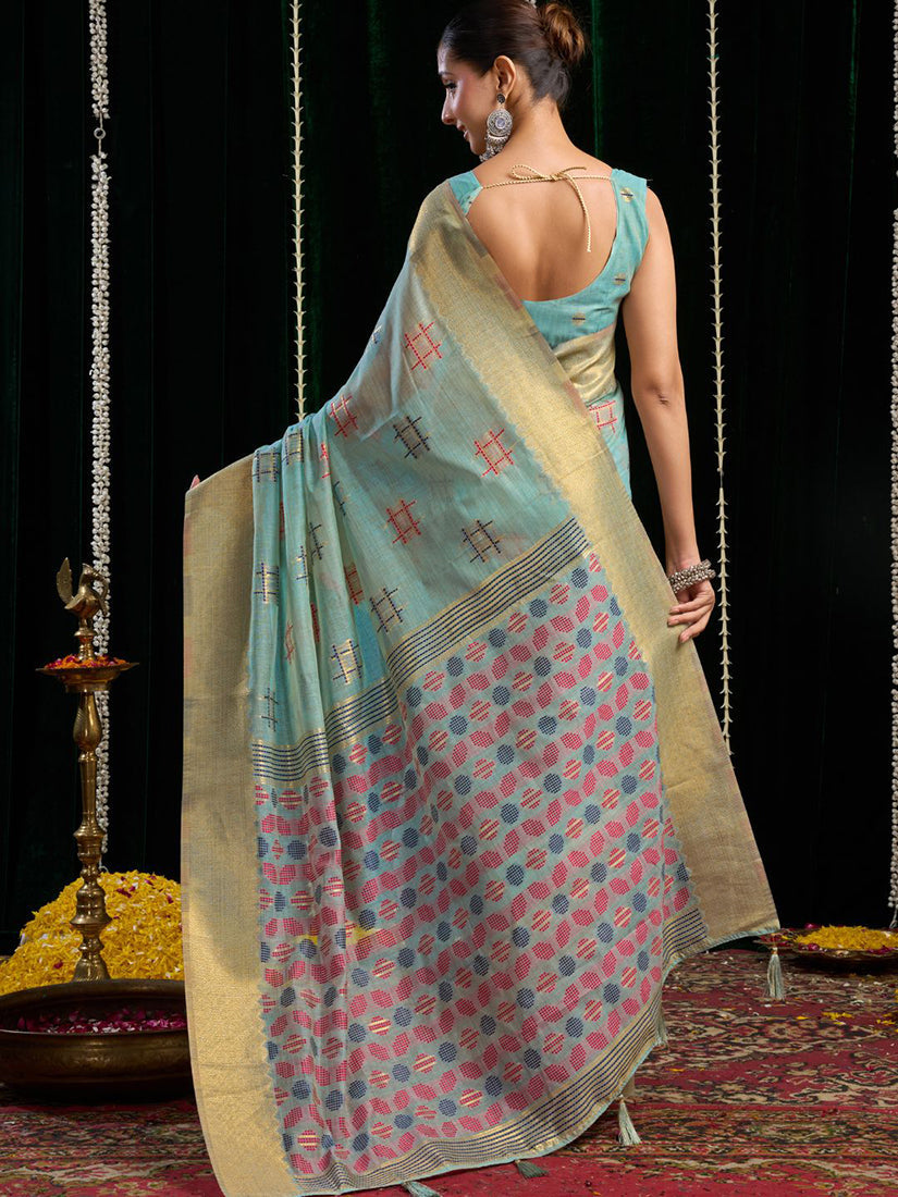 Monjolika Fashion Sky Blue Handloom Cotton Blend Geometric Threadwork Saree with Blouse Piece
