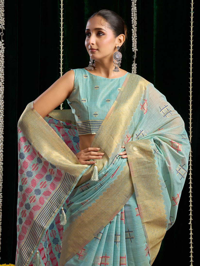 Monjolika Fashion Sky Blue Handloom Cotton Blend Geometric Threadwork Saree with Blouse Piece
