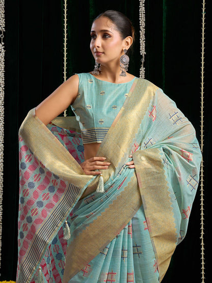 Monjolika Fashion Sky Blue Handloom Cotton Blend Geometric Threadwork Saree with Blouse Piece