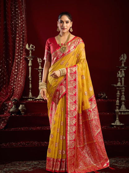 Monjolika Fashion Mustard Soft Banarasi Silk Blend Zari Woven Saree With Blouse Piece