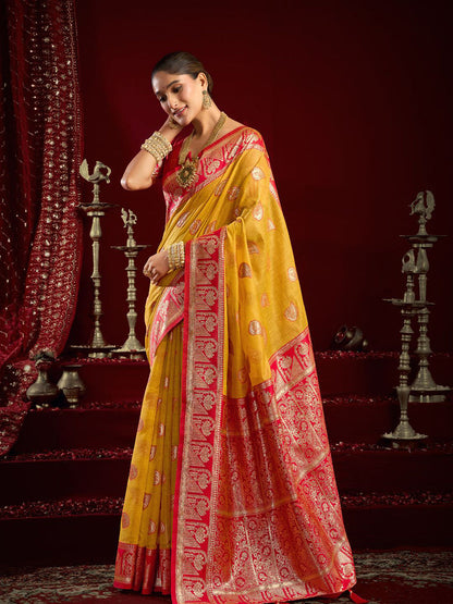 Monjolika Fashion Mustard Soft Banarasi Silk Blend Zari Woven Saree With Blouse Piece