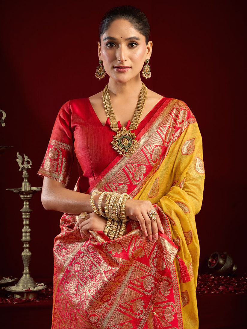 Monjolika Fashion Mustard Soft Banarasi Silk Blend Zari Woven Saree With Blouse Piece