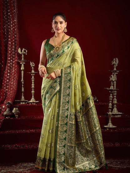 Monjolika Fashion Light Green Soft Banarasi Silk Blend Zari Woven Saree With Blouse Piece