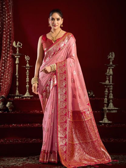 Monjolika Fashion Light Pink Soft Banarasi Silk Blend Zari Woven Saree With Blouse Piece