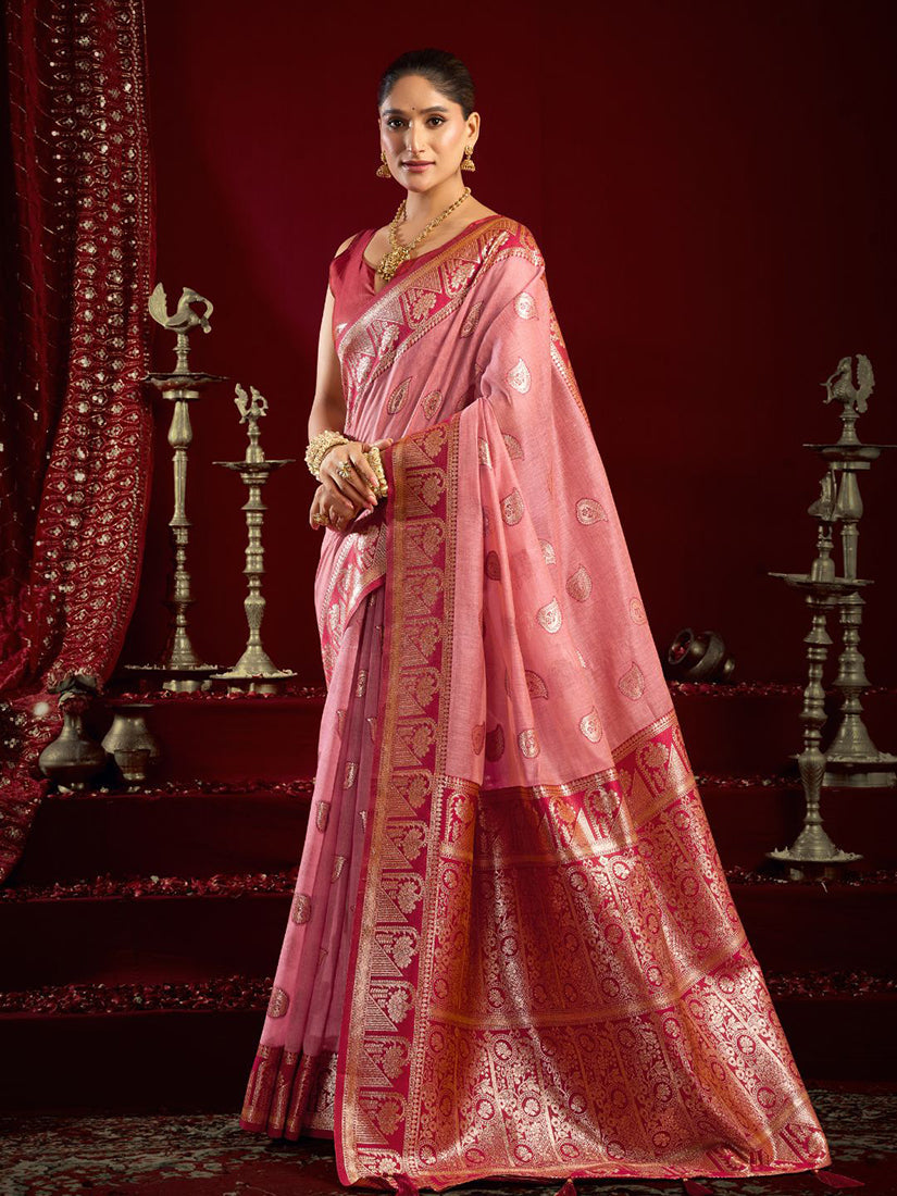 Monjolika Fashion Light Pink Soft Banarasi Silk Blend Zari Woven Saree With Blouse Piece