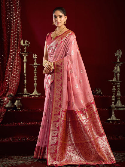 Monjolika Fashion Light Pink Soft Banarasi Silk Blend Zari Woven Saree With Blouse Piece