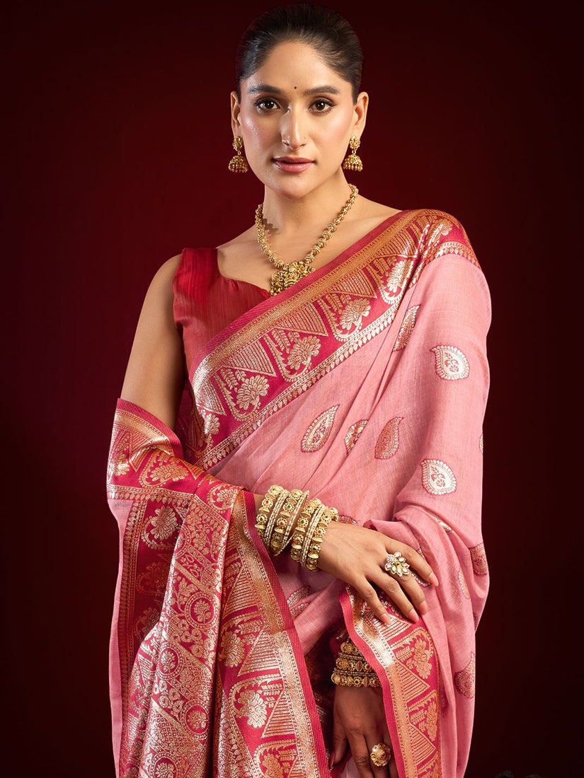 Monjolika Fashion Light Pink Soft Banarasi Silk Blend Zari Woven Saree With Blouse Piece