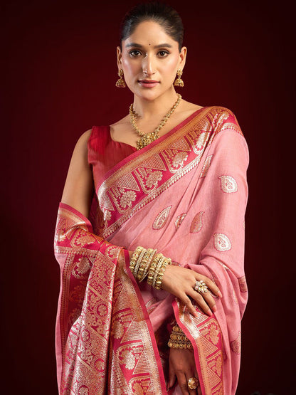 Monjolika Fashion Light Pink Soft Banarasi Silk Blend Zari Woven Saree With Blouse Piece