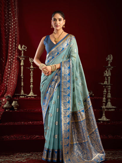 Monjolika Fashion Light Blue Soft Banarasi Silk Blend Zari Woven Saree With Blouse Piece
