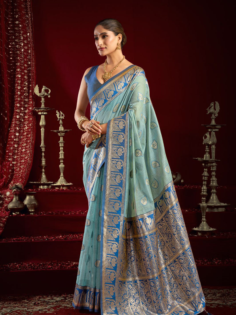Monjolika Fashion Light Blue Soft Banarasi Silk Blend Zari Woven Saree With Blouse Piece