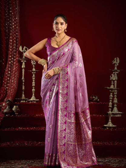 Monjolika Fashion Lilac Soft Banarasi Silk Blend Zari Woven Saree With Blouse Piece