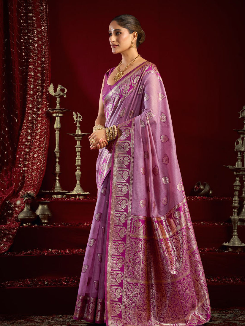 Monjolika Fashion Lilac Soft Banarasi Silk Blend Zari Woven Saree With Blouse Piece