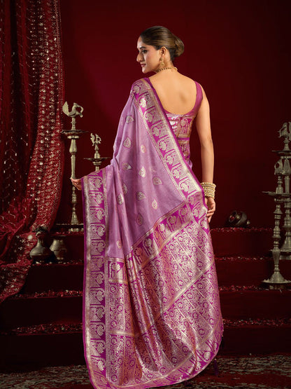 Monjolika Fashion Lilac Soft Banarasi Silk Blend Zari Woven Saree With Blouse Piece