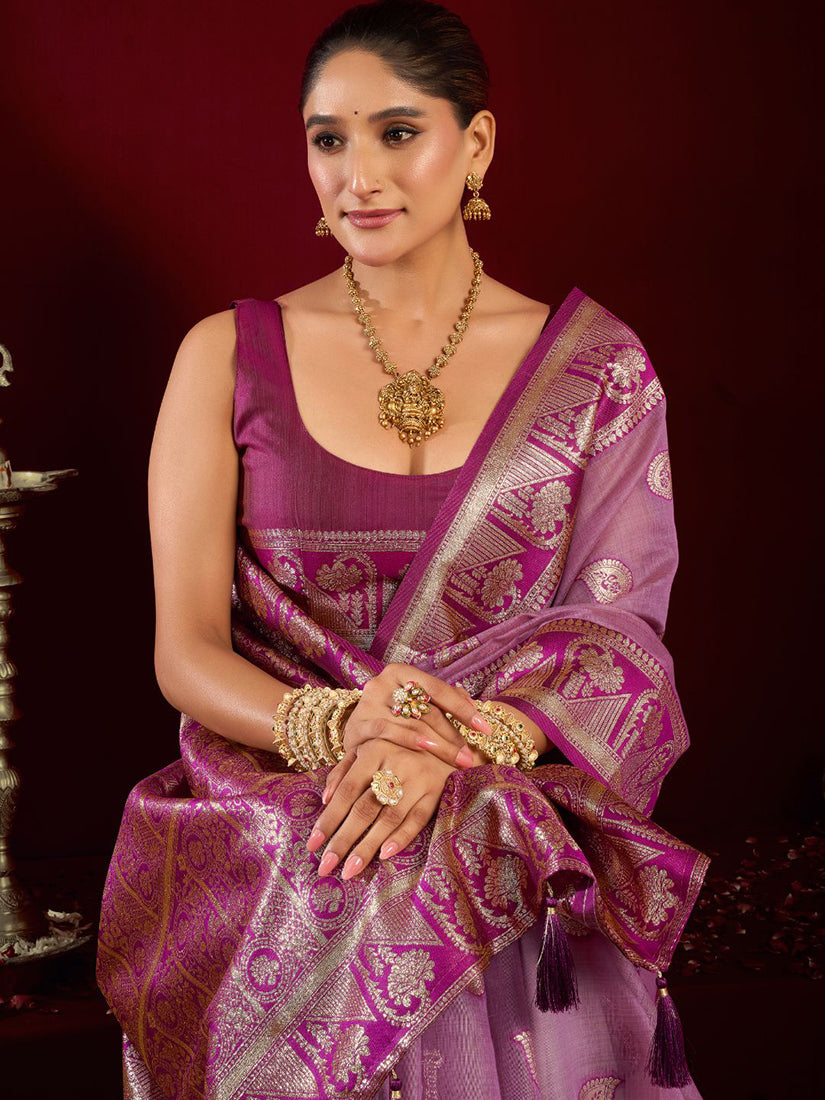 Monjolika Fashion Lilac Soft Banarasi Silk Blend Zari Woven Saree With Blouse Piece