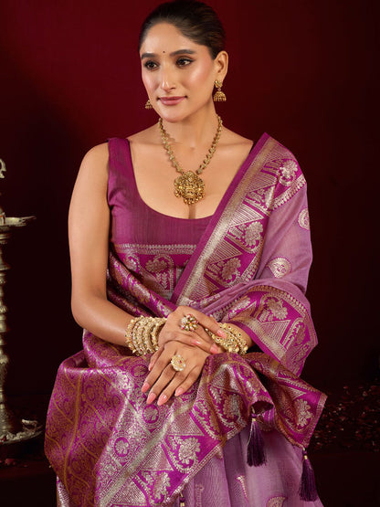 Monjolika Fashion Lilac Soft Banarasi Silk Blend Zari Woven Saree With Blouse Piece