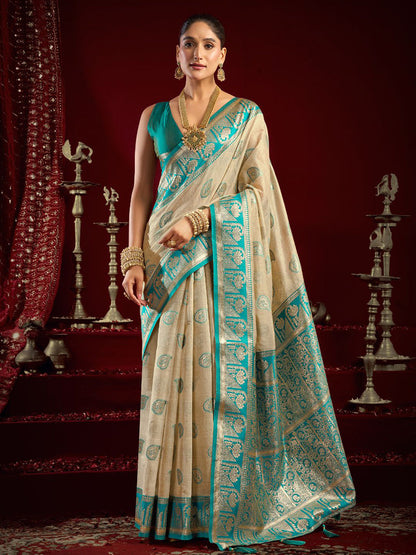 Monjolika Fashion Cream Soft Banarasi Silk Blend Zari Woven Saree With Blouse Piece