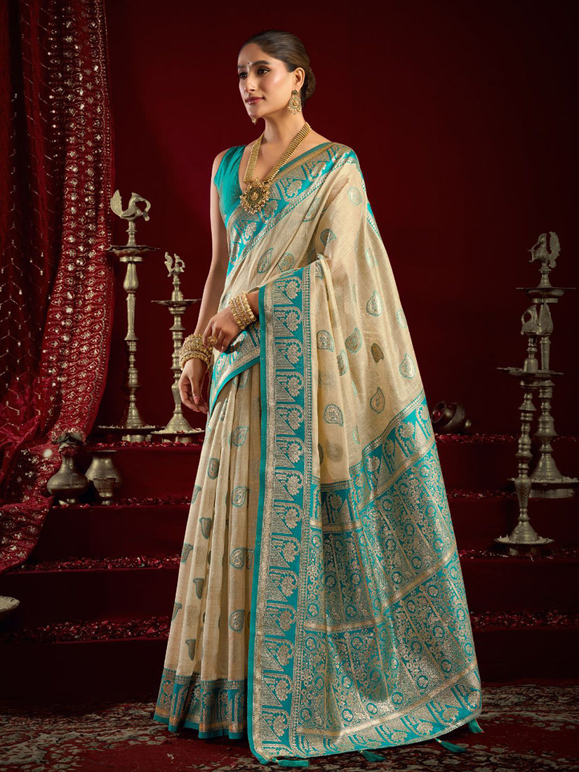 Monjolika Fashion Cream Soft Banarasi Silk Blend Zari Woven Saree With Blouse Piece
